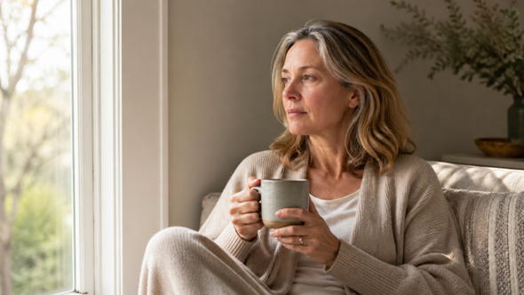 image of a midlife woman sitting quietly near a window with a mug in her hands. 