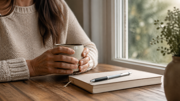 woman’s hands holding a warm mug beside a simple journal and pen.