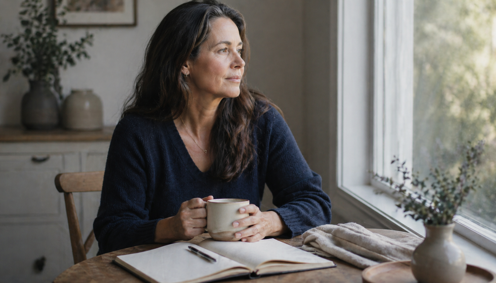 Midlife woman sitting at a table by a window with a journal and mug, reflecting in soft natural light.