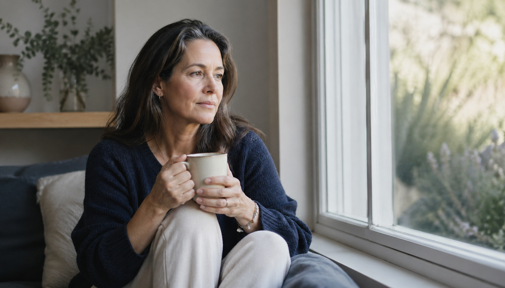 Midlife woman sitting by a window holding a mug, looking thoughtful and calm in soft natural light