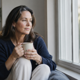 Midlife woman sitting by a window holding a mug, looking thoughtful and calm in soft natural light.