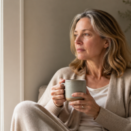 woman looking out window with mug