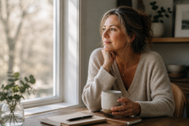 woman with coffee looking out windoa
