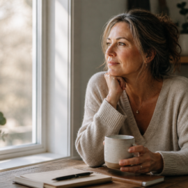 woman with coffee looking out windoa