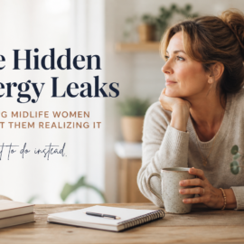 midlife woman, with notebook, coffee mug, journal, looking out window