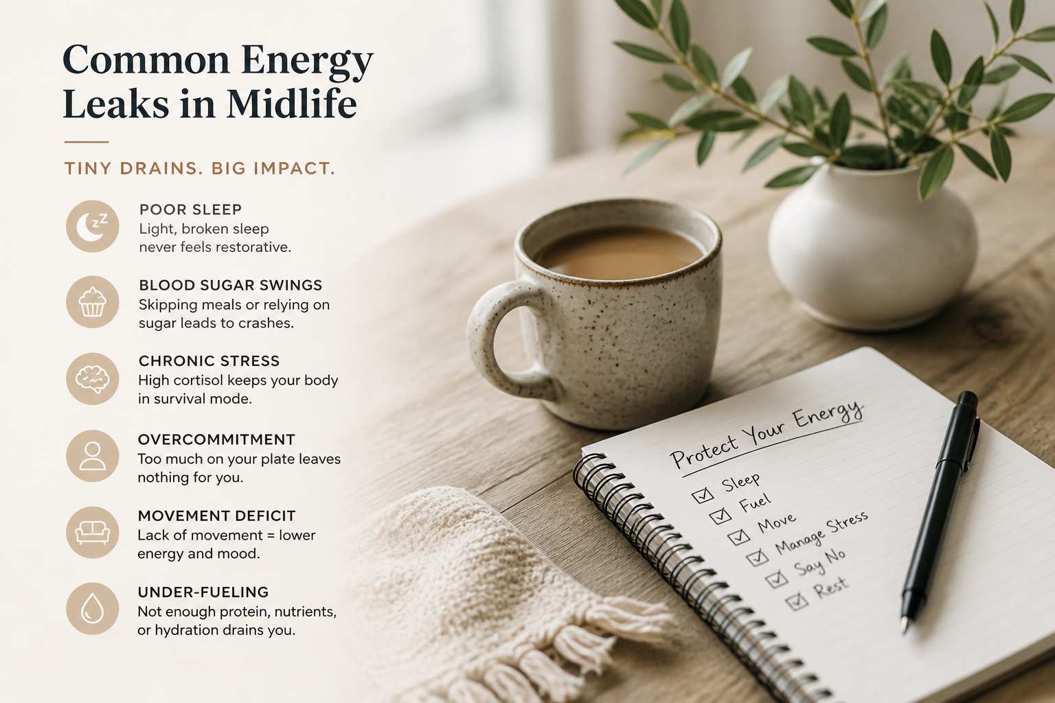coffee mug, with journal and window, hiddlen leaks in midlife