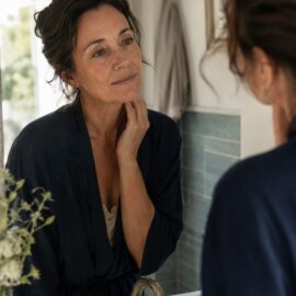 Midlife woman in soft morning light looking at her reflection, practicing body trust in menopause.