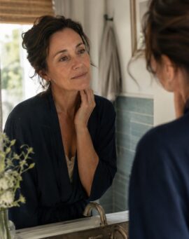 Midlife woman in soft morning light looking at her reflection, practicing body trust in menopause.