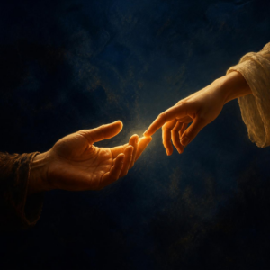 Two hands reaching toward each other in warm light, fingertips almost touching, representing rebuilding intimacy after menopause