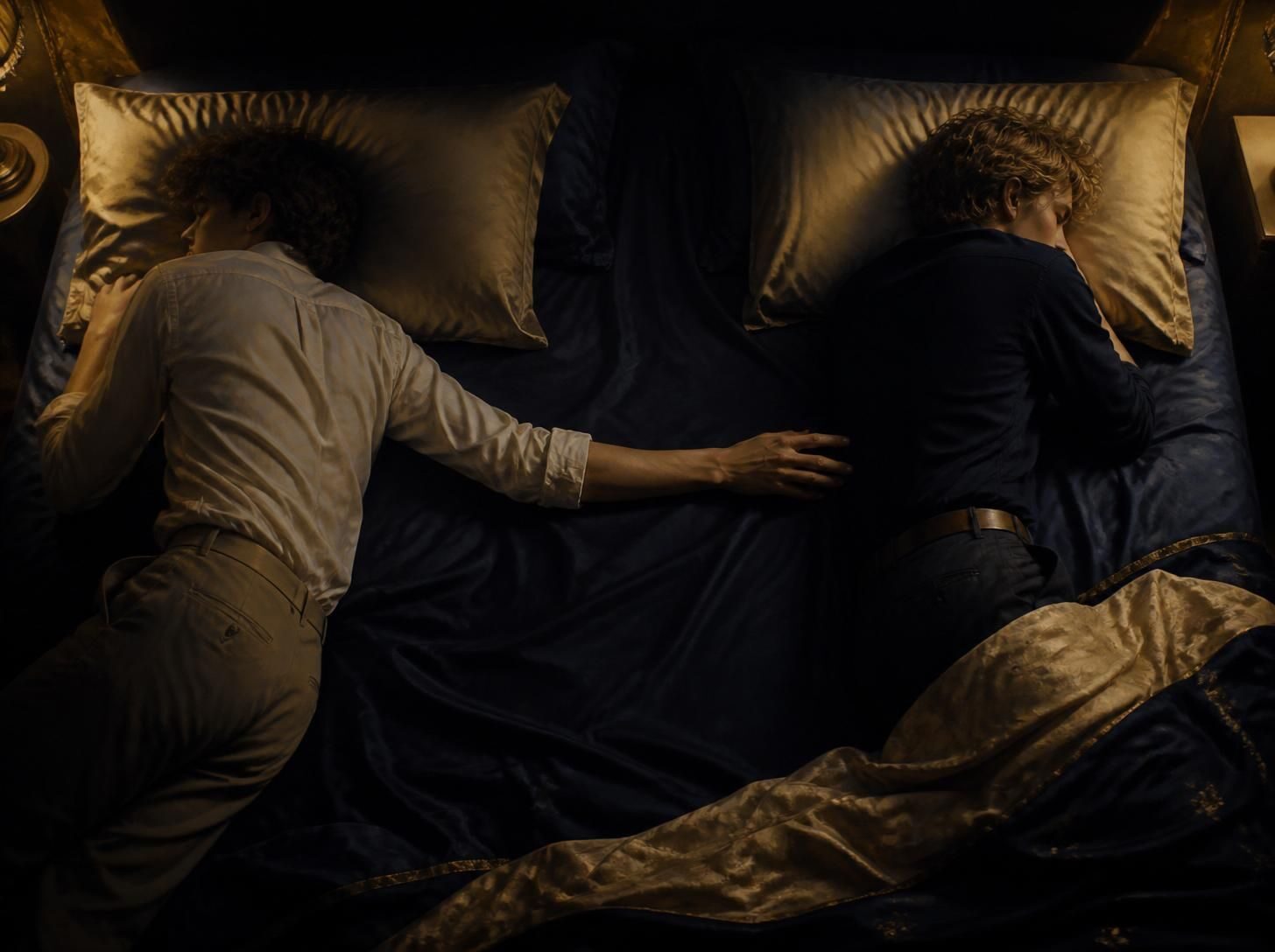 Two people resting in a softly lit bed with a small space between them, one hand reaching across the sheets, representing intimacy changes after menopause