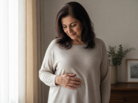 A woman in her fifties resting a hand at her midsection in soft morning light, noticing menopause bloating with curiosity rather than criticism