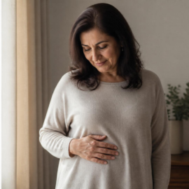 A woman in her fifties resting a hand at her midsection in soft morning light, noticing menopause bloating with curiosity rather than criticism