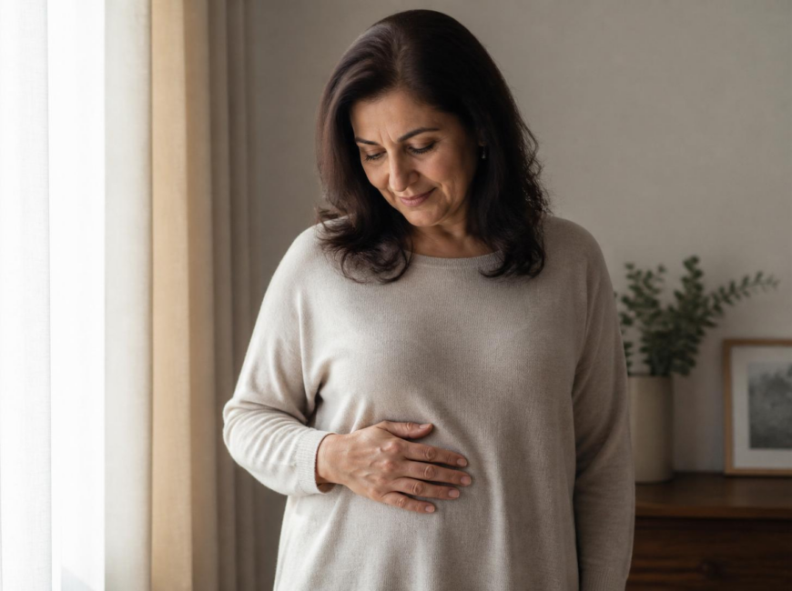 A woman in her fifties resting a hand at her midsection in soft morning light, noticing menopause bloating with curiosity rather than criticism