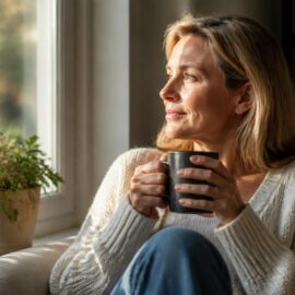 Midlife woman resting peacefully with coffee — why rest is the floor your life is built on, not a reward.
