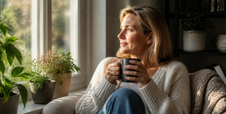 Midlife woman resting peacefully with coffee — why rest is the floor your life is built on, not a reward.