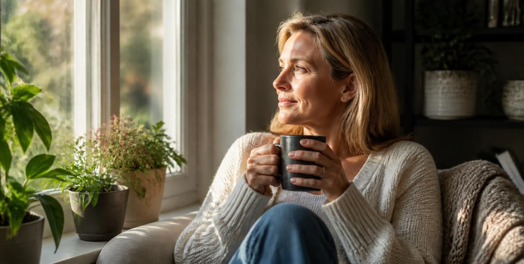 Midlife woman resting peacefully with coffee — why rest is the floor your life is built on, not a reward.