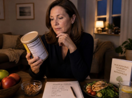 Woman looking at a nutrition label, an example of calorie counting stops working in menopause.