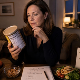 Woman looking at a nutrition label, an example of calorie counting stops working in menopause.