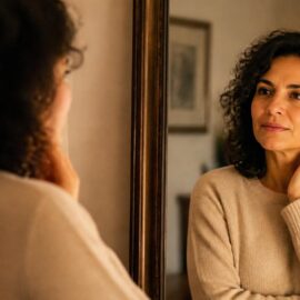 Midlife woman looking at her reflection while navigating identity changes in menopause